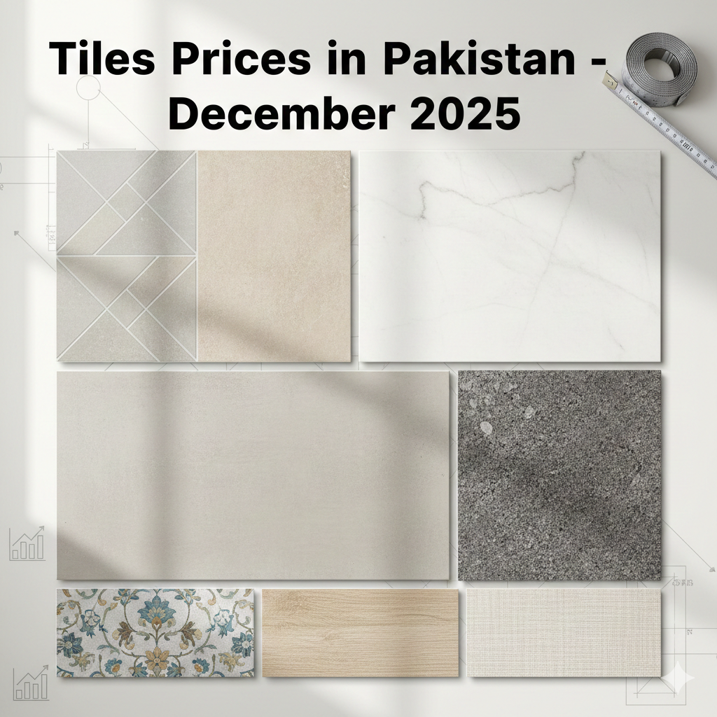 ''Create a high-quality, modern feature image showing different types of tiles used in Pakistan, including ceramic, porcelain, marble, granite, and digital printed tiles. Arrange the tiles in a neat grid layout with realistic textures and neutral colors like grey, beige, and white. Add subtle construction elements such as blueprint lines, a measuring tape, and price chart icons in the background. Use soft natural lighting. Add bold, professional text: ‘Tiles Prices in Pakistan – December 2025’. Keep the overall look clean, technical, and suitable for a construction price update blog.”''